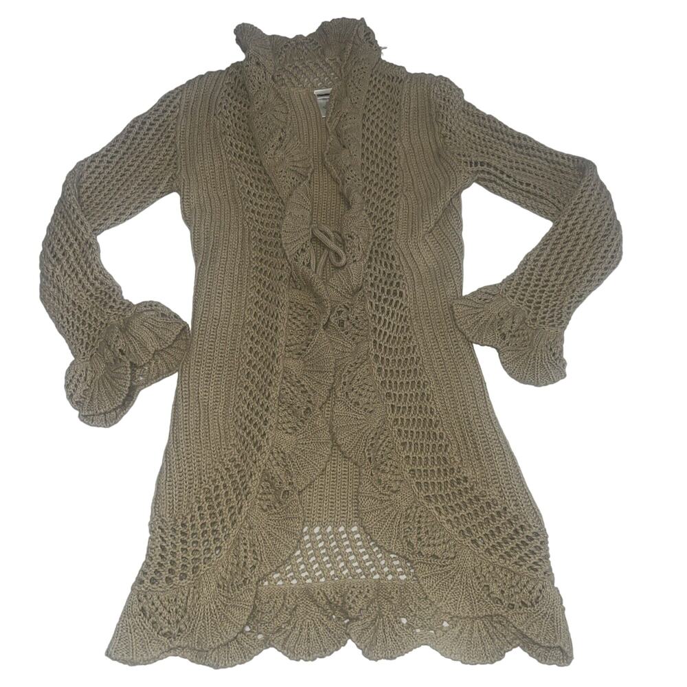 Y2K Ruffle Tan Tie Front Cardigan Midi Length Medium - Picture 1 of 9